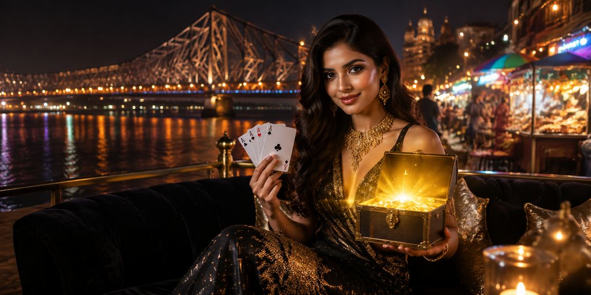 Night market scene in Kolkata with bettors using mobile devices