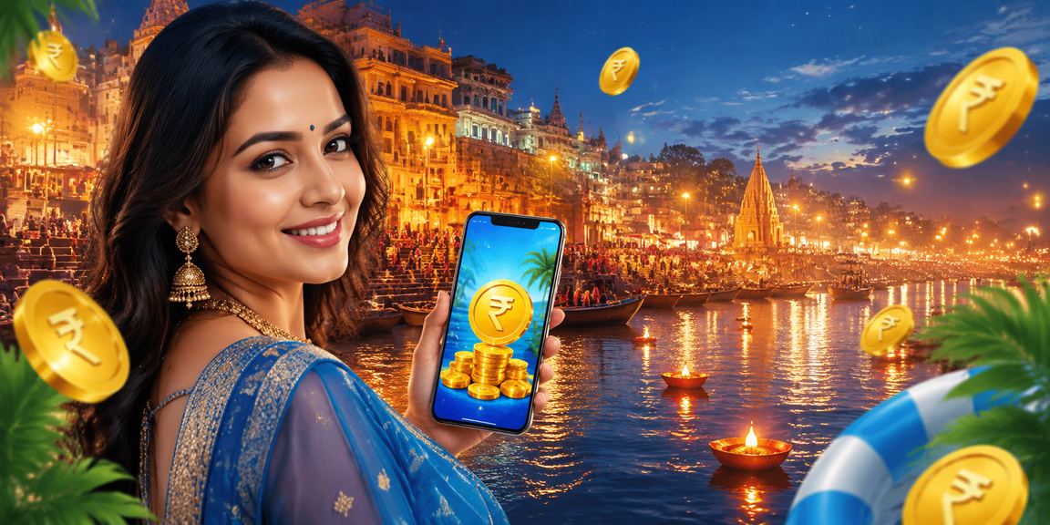Vibrant Varanasi Ghat with festive vibes and online casino bonus